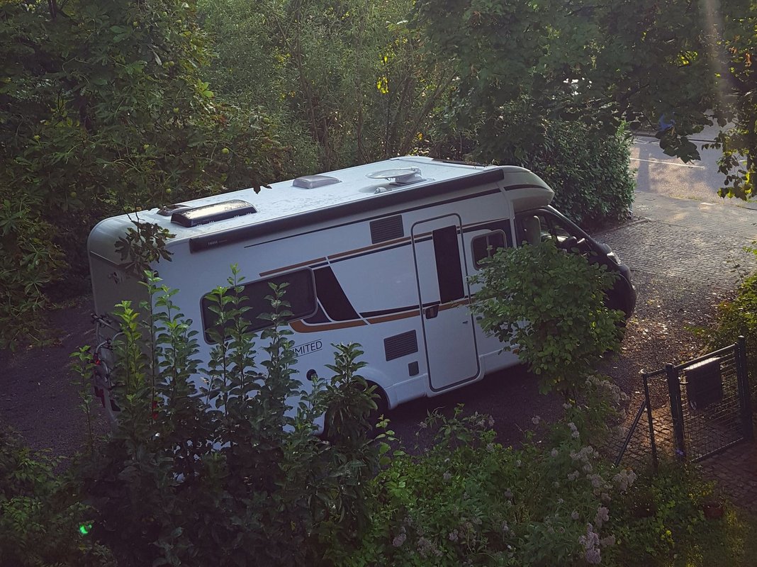 Wohnmobil fährt durch einen Wald