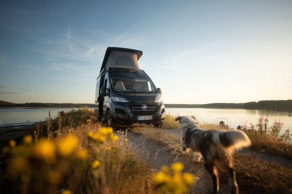 Hymer-Campervan mit Hund im Vordergrund am See